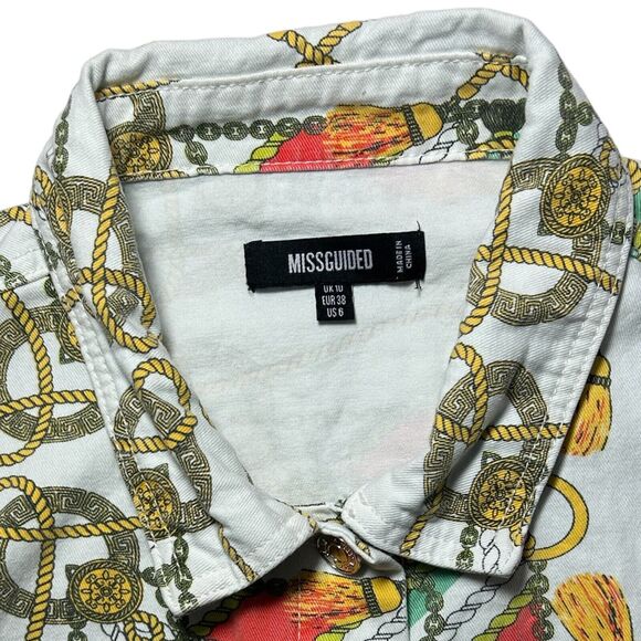 MissGuided womans sz 6 cotton Cropped White Denim Jean Tie Jacket Sun Chain - Picture 7 of 12